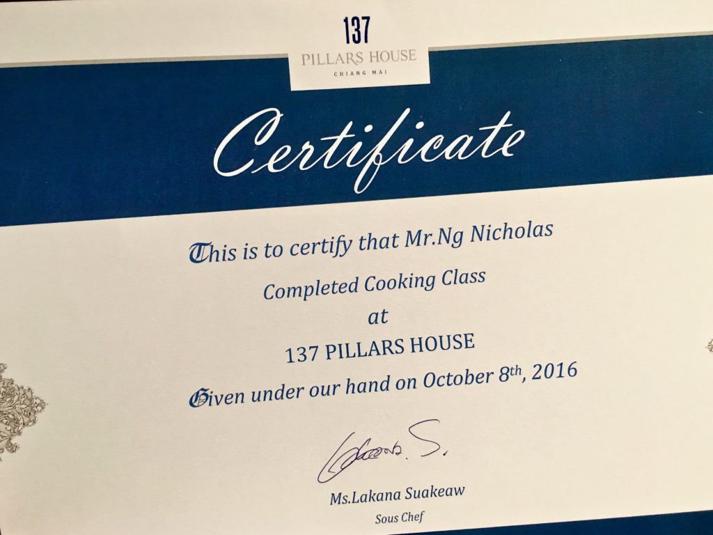 Certificate | Cooking Class | 137 Pillars House | Food For Thought