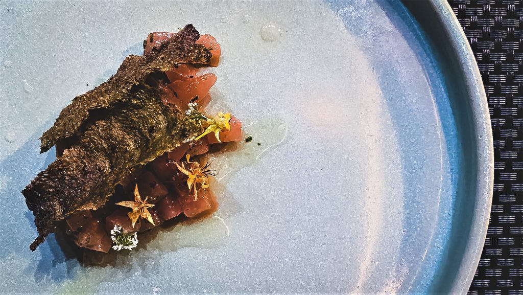 Yellowfin tuna, fresh cacao juice, pickled baby cacao pods | Long Bar at ATAS | Food For Thought